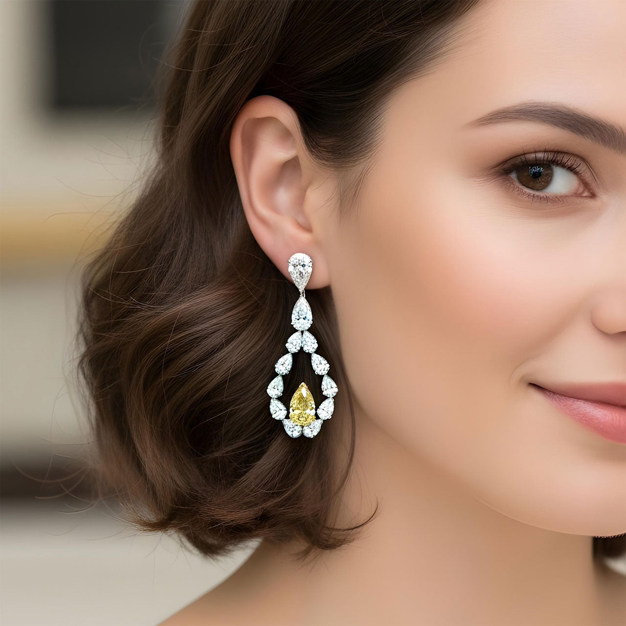 13.72ctw Pear Shape Fancy Yellow & White Diamond Earrings 14k White Gold