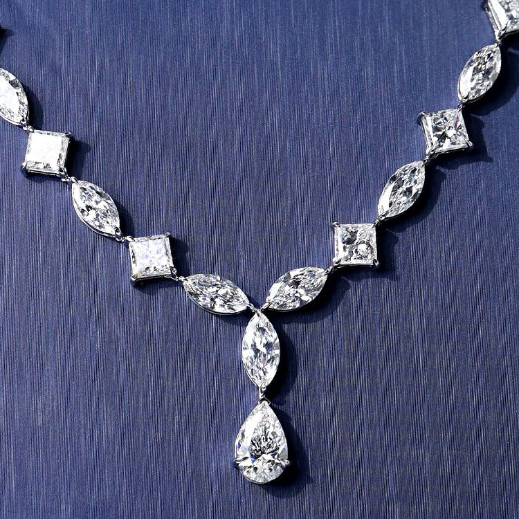 32.42ctw Princess Marquise Mix Shape Diamond Drop Necklace 14k White Gold