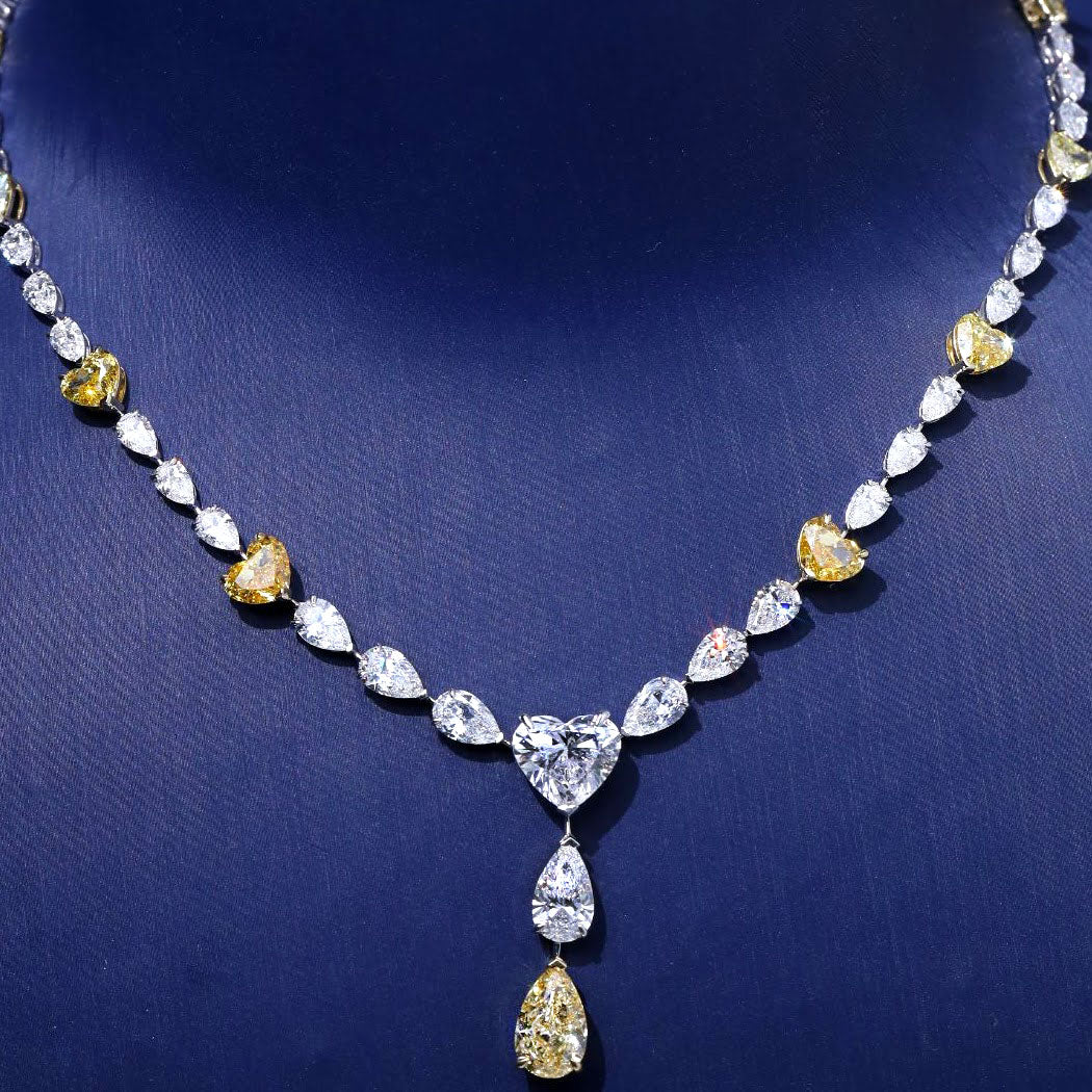 33.73ctw Pear & Heart Shape Fancy Yellow & White Diamond Drop Necklace 14k White Gold
