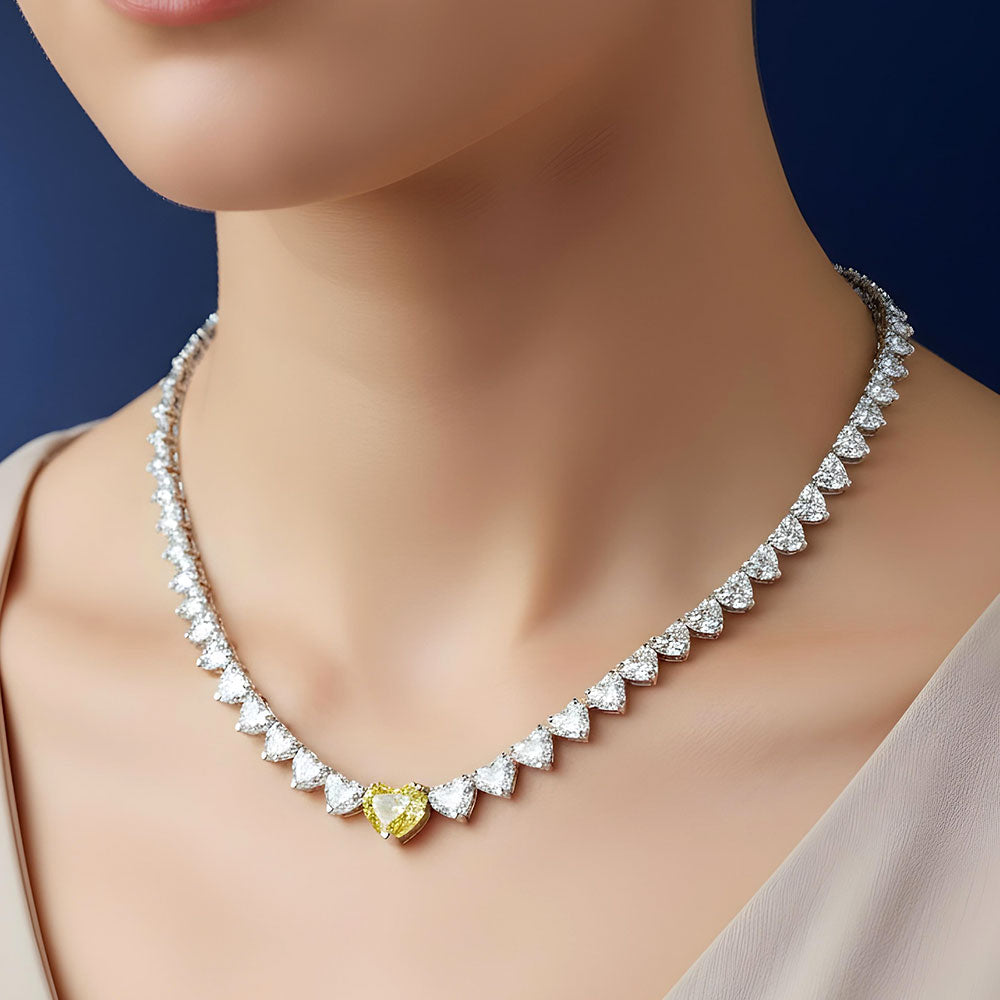39.53ctw Heart Shape Fancy Yellow & White Diamond Tennis Necklace 14k White Gold