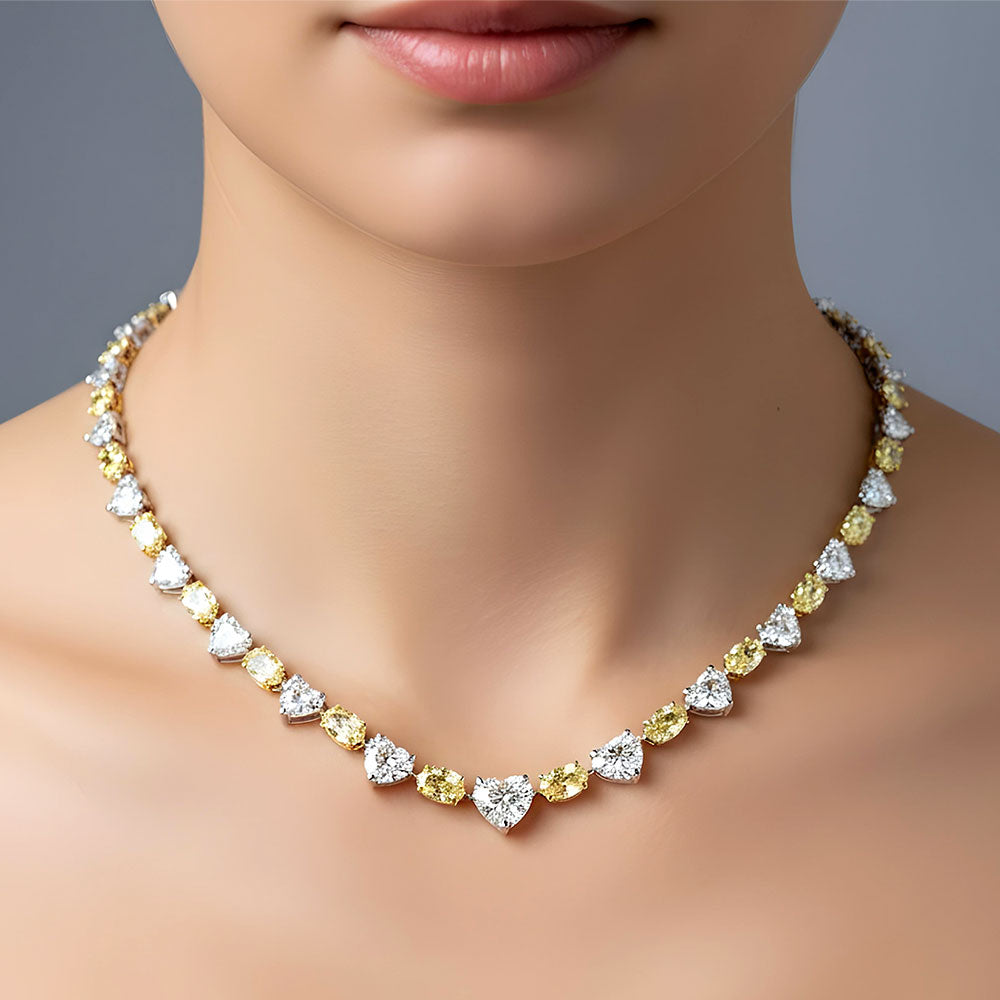 34.23ctw Oval & Heart Shape Fancy Yellow & White Diamond Tennis Necklace 14k White Gold