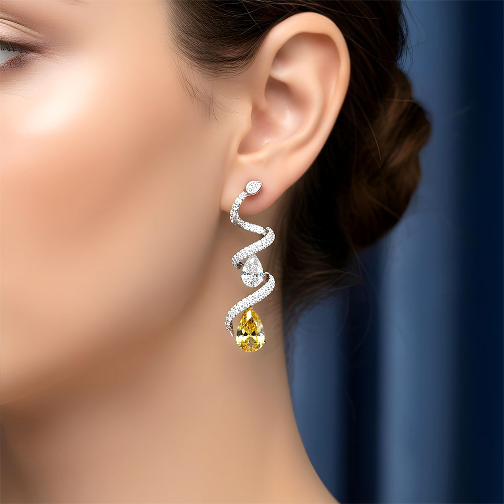 6.59ctw Pear Shape Fancy Yellow & White Diamond Earrings 14k White Gold