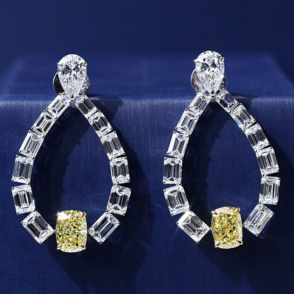 17.99ctw Emerald Cushion & Pear Shape Fancy Yellow & White Diamond Earrings 14k White Gold