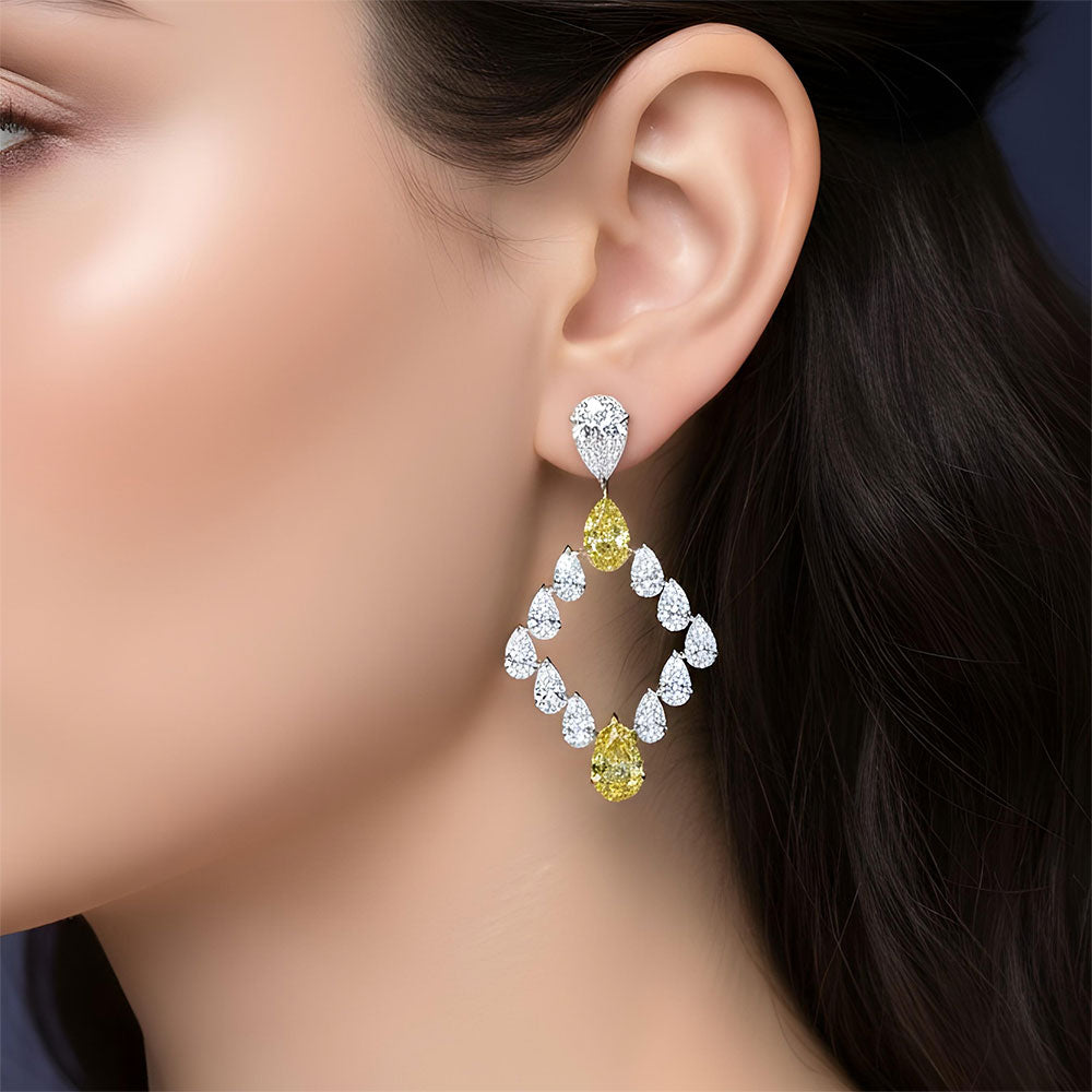 11.80ctw Pear Shape Fancy Yellow & White Diamond Earrings 14k White Gold