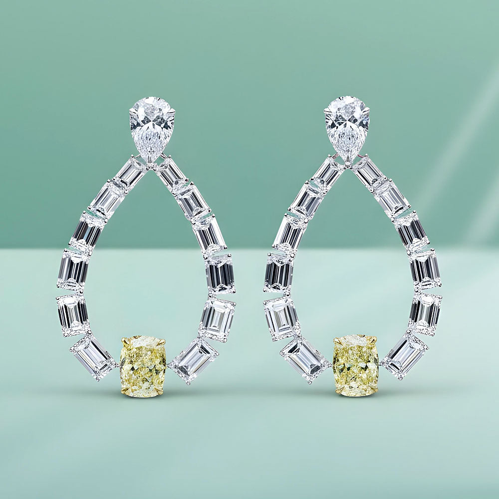 17.99ctw Emerald Cushion & Pear Shape Fancy Yellow & White Diamond Earrings 14k White Gold