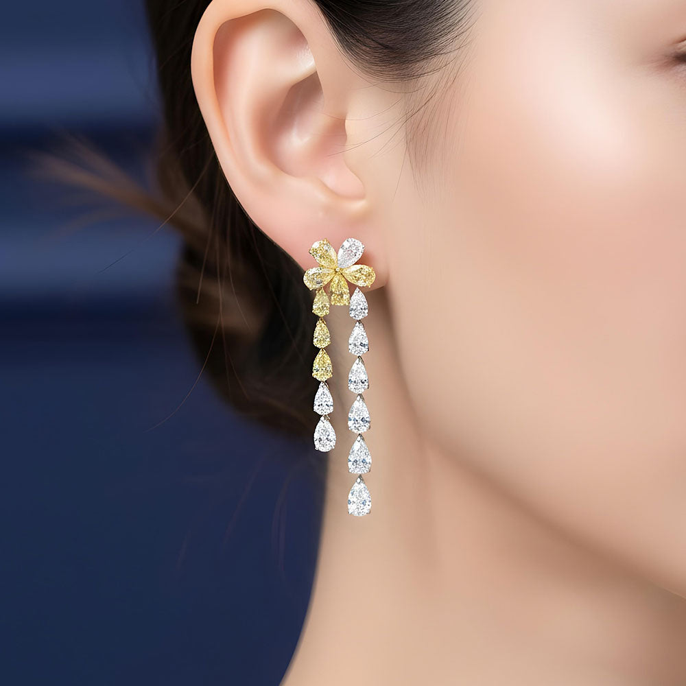 12.80ctw Pear Shape Fancy Yellow & White Diamond Earrings 14k White Gold