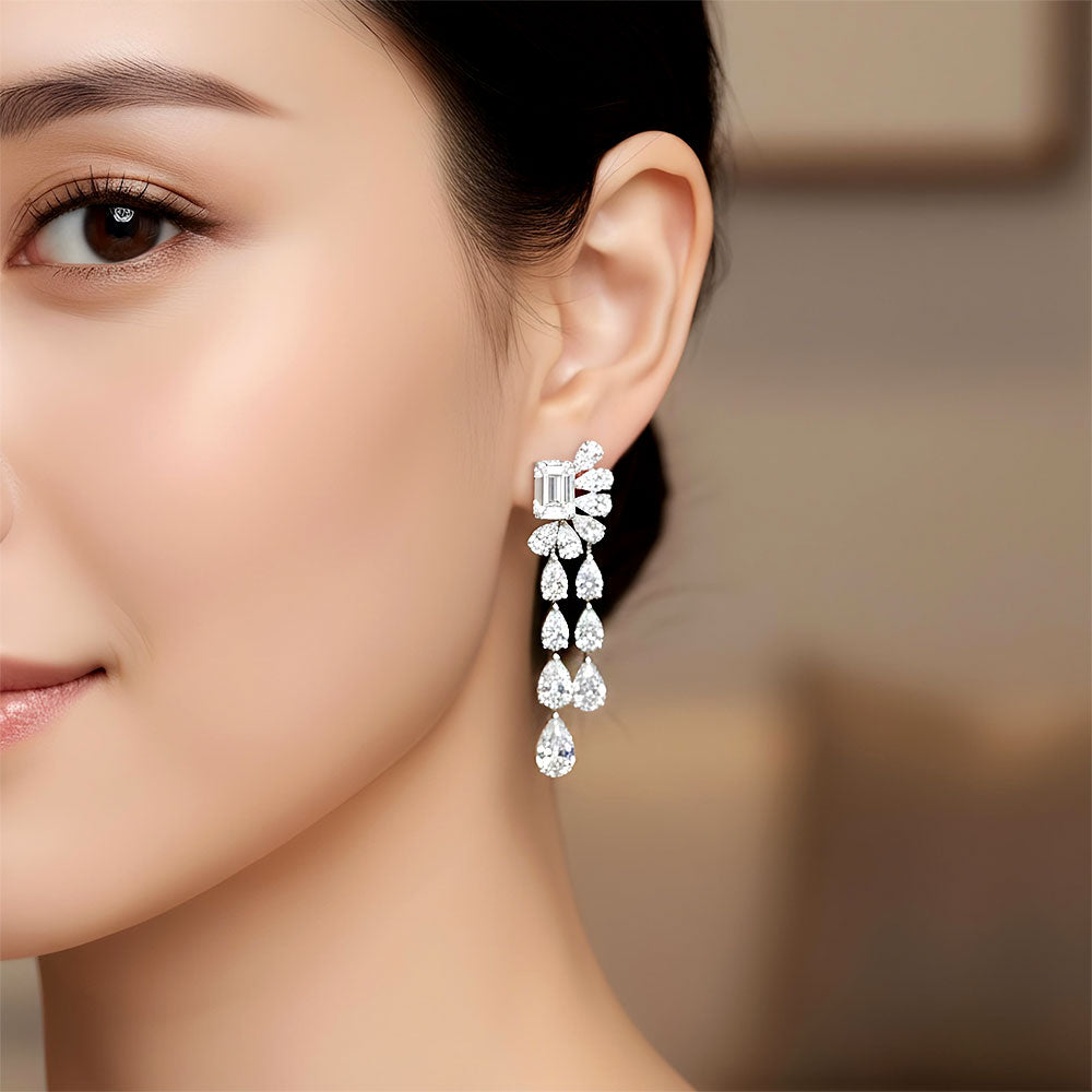 11.45ctw Pear Shape & Emerald Cut Diamond Earrings 14k White Gold