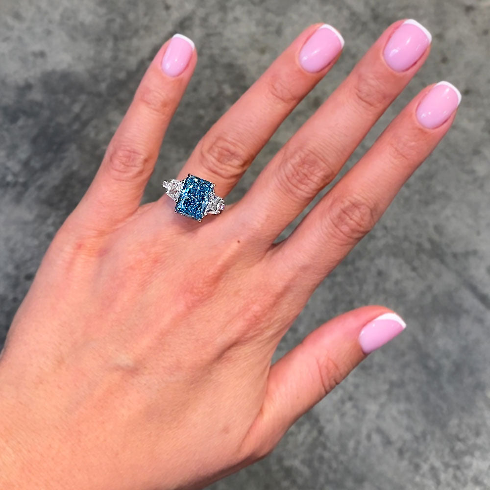 7.06ctw Fancy Blue Radiant Cut Three Stone Lab Grown Diamond Engagement Ring set in 14k White Gold