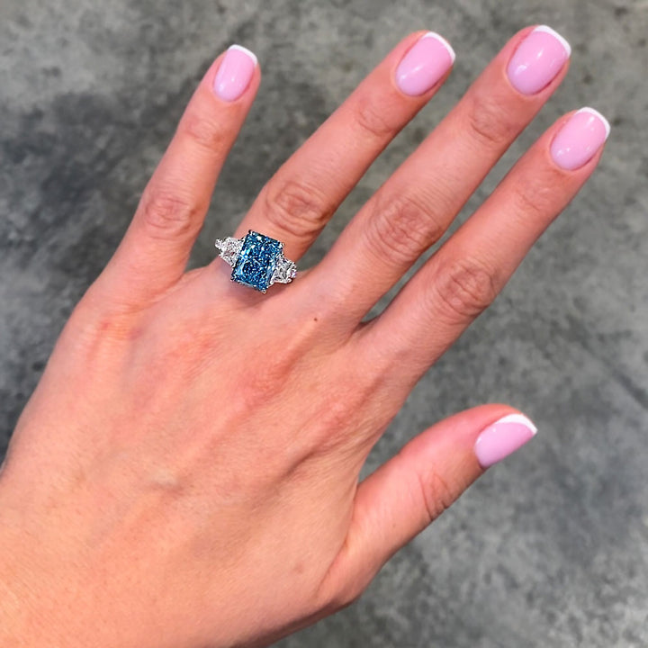 7.06ctw Fancy Blue Radiant Cut Three Stone Lab Grown Diamond Engagement Ring set in 14k White Gold