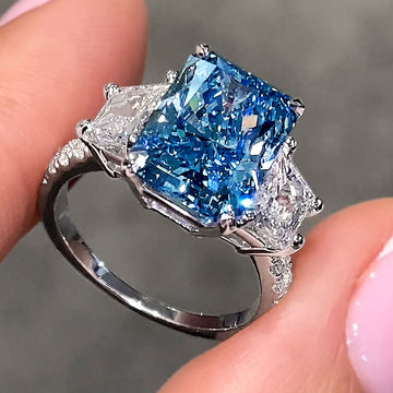 7.06ctw Fancy Blue Radiant Cut Three Stone Lab Grown Diamond Engagement Ring set in 14k White Gold