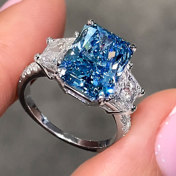 7.06ctw Fancy Blue Radiant Cut Three Stone Lab Grown Diamond Engagement Ring set in 14k White Gold