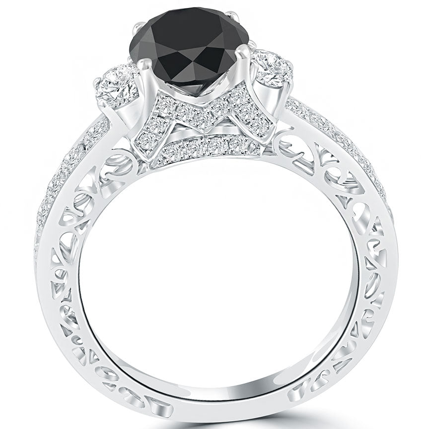 3.08ctw Certified Natural Black Diamond Engagement Ring 14k White Gold