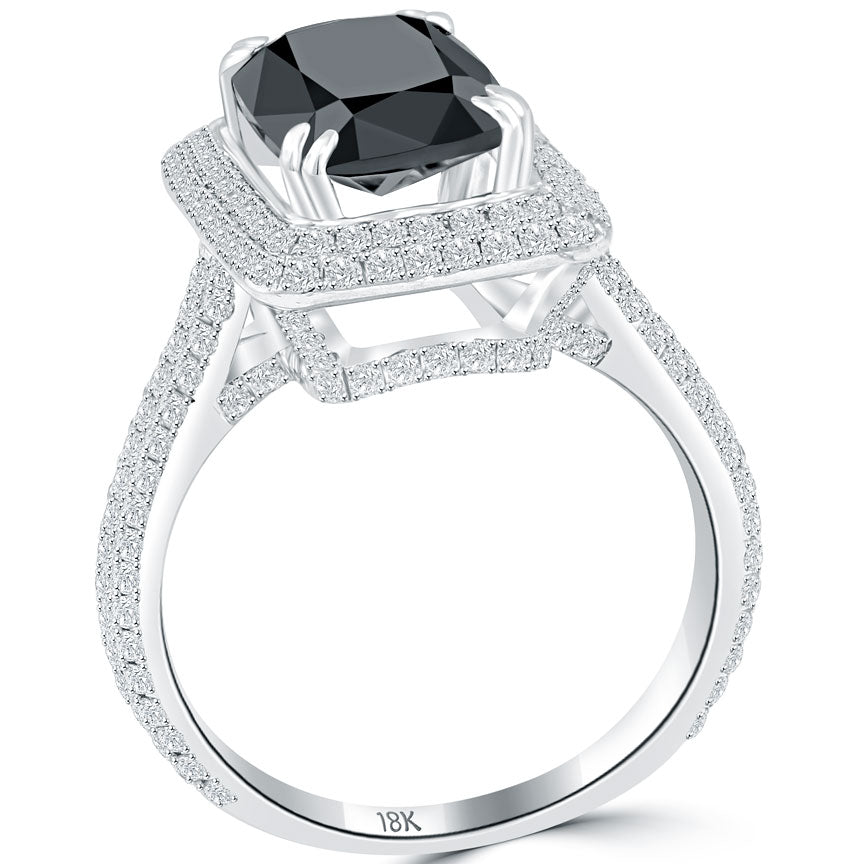 4.35ctw Cushion Cut Black Diamond Engagement Ring 18k Pave Halo Vintage Style