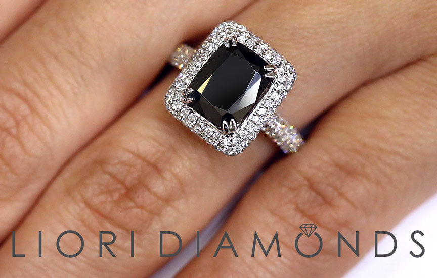 4.35ctw Cushion Cut Black Diamond Engagement Ring 18k Pave Halo Vintage Style