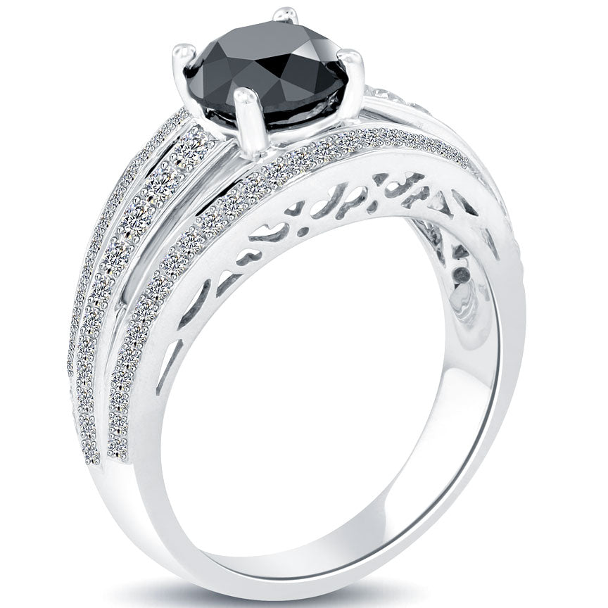 2.36ctw Certified Natural Black Diamond Engagement Ring 14k White Gold
