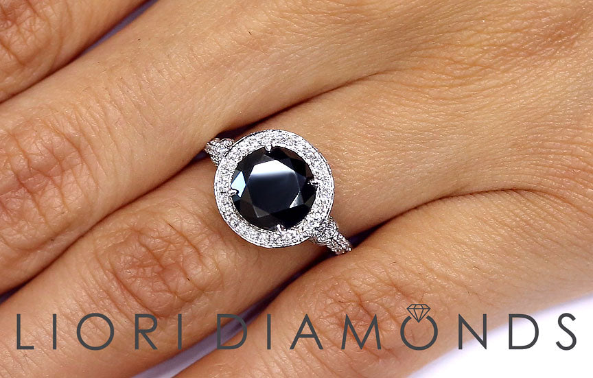 2.95ctw Black Diamond Engagement Ring 18k White Gold Vintage Style