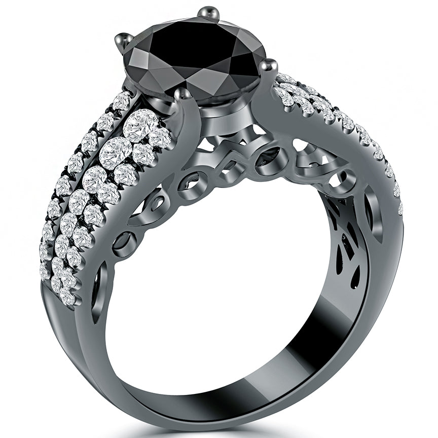 2.53ctw Certified Natural Black Diamond Engagement Ring 14k black Gold