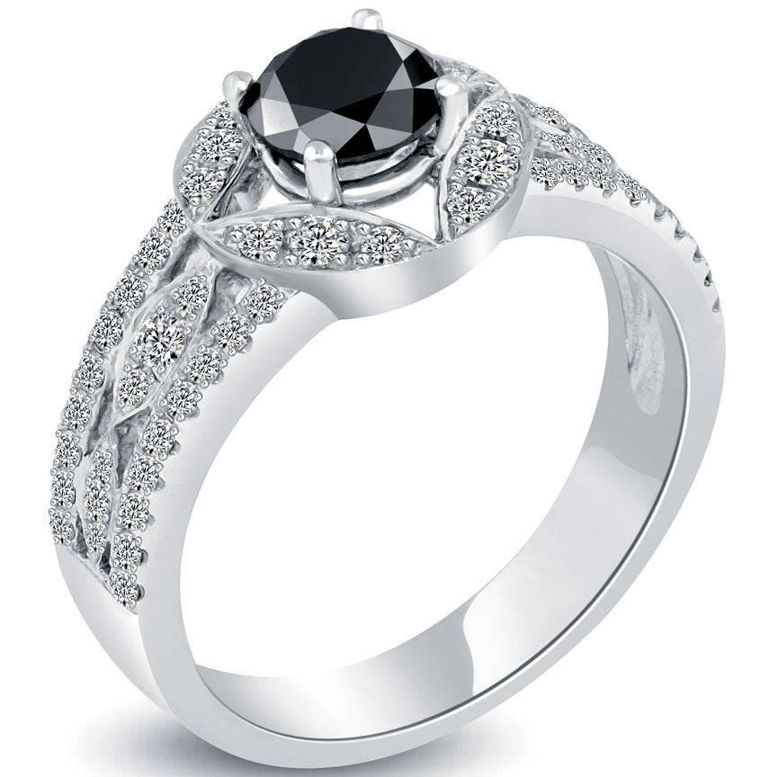 1.59ctw Certified Natural Black Diamond Engagement Ring 14k White Gold