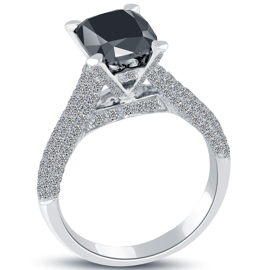 3.95ctw Certified Natural Cushion Cut Black Diamond Ring 14k White Gold