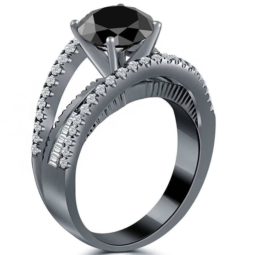 2.75ctw Certified Natural Black Diamond Engagement Ring 14k Black Gold