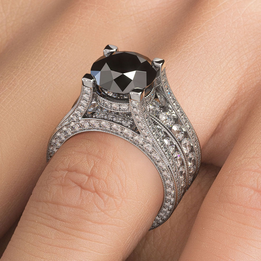 12.57ctw Certified Natural Black Diamond Engagement Ring 14k White Gold