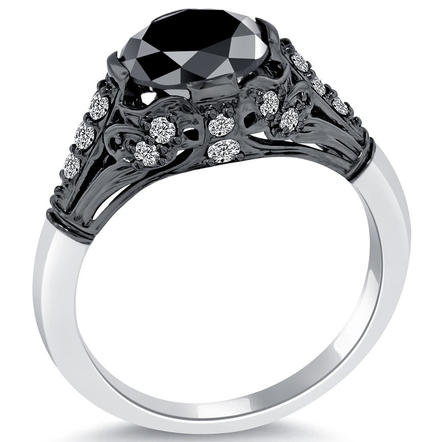 2.66ctw Vintage Style Natural Black Diamond Engagement Ring 14k Black Gold