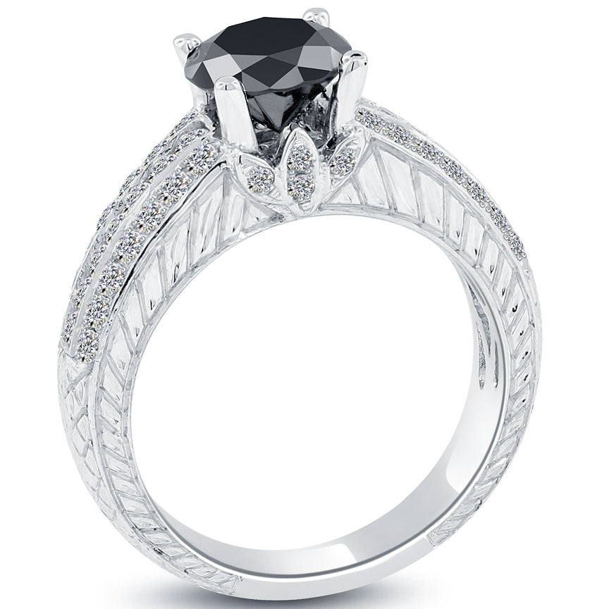 2.21ctw Certified Natural Black Diamond Engagement Ring 14k White Gold