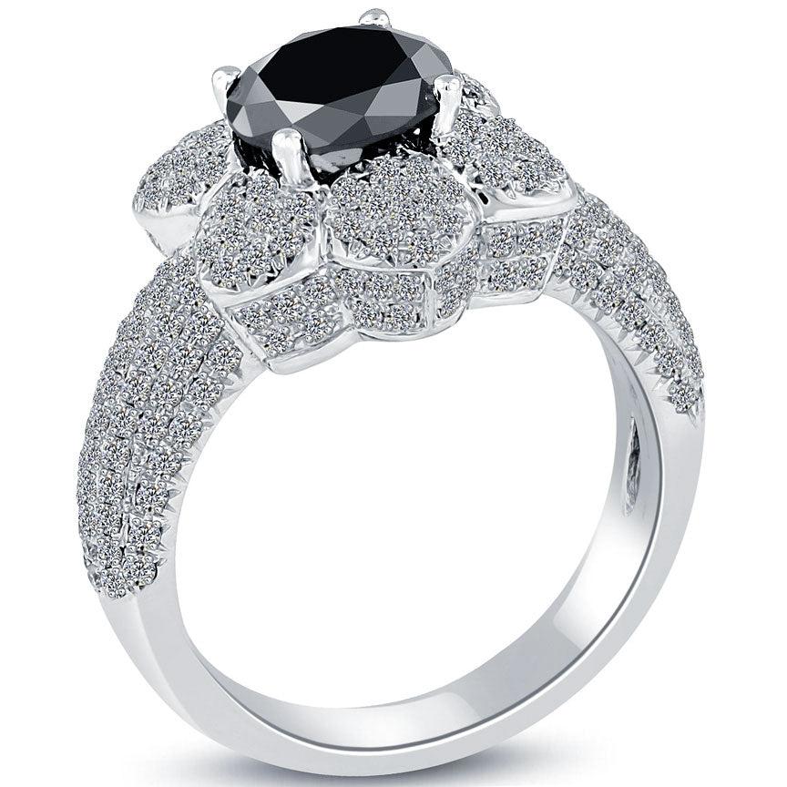 3.15ctw Natural Black Diamond Engagement Ring 14k White Gold Flower Shape Halo