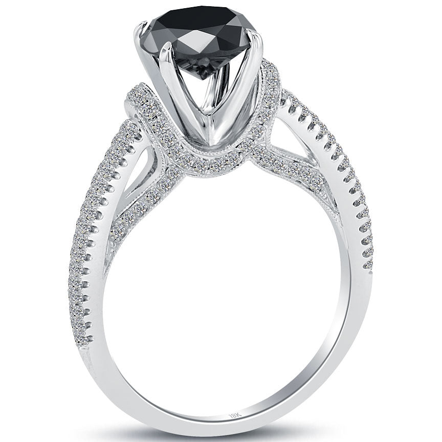 2.06ctw Certified Natural Black Diamond Engagement Ring 18k White Gold