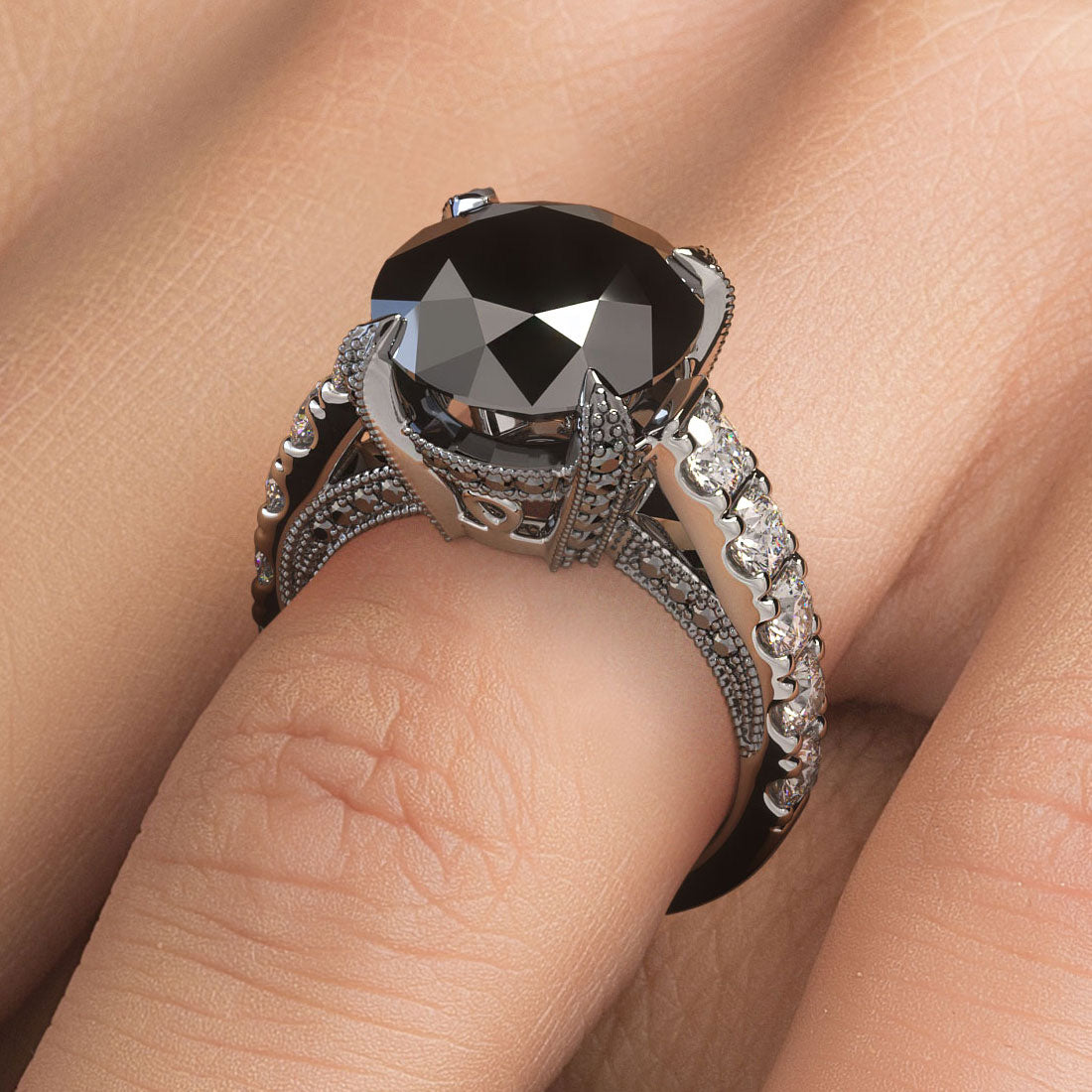 7.99ctw Certified Natural Black Diamond Engagement Ring 14k White Gold