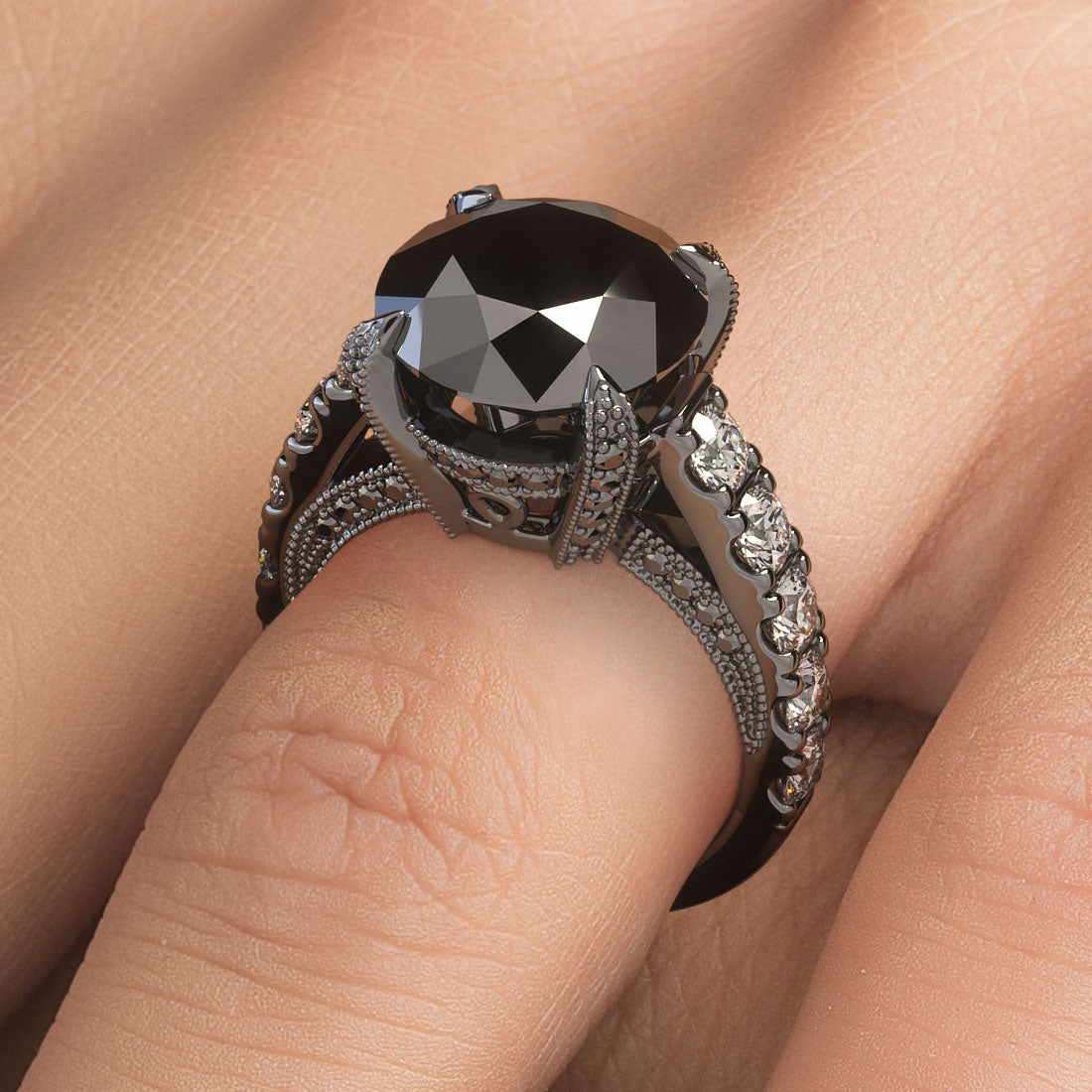 8.04ctw Certified Natural Black Diamond Engagement Ring 14k Black Gold