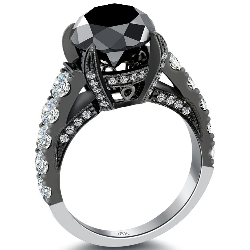 5.53ctw Vintage Style Natural Black Diamond Engagement Ring 18k Black Gold