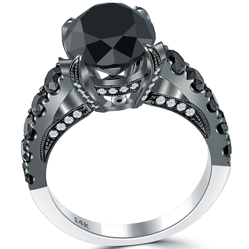 5.78ctw Certified Natural Black Diamond Engagement Ring 14k Black Gold