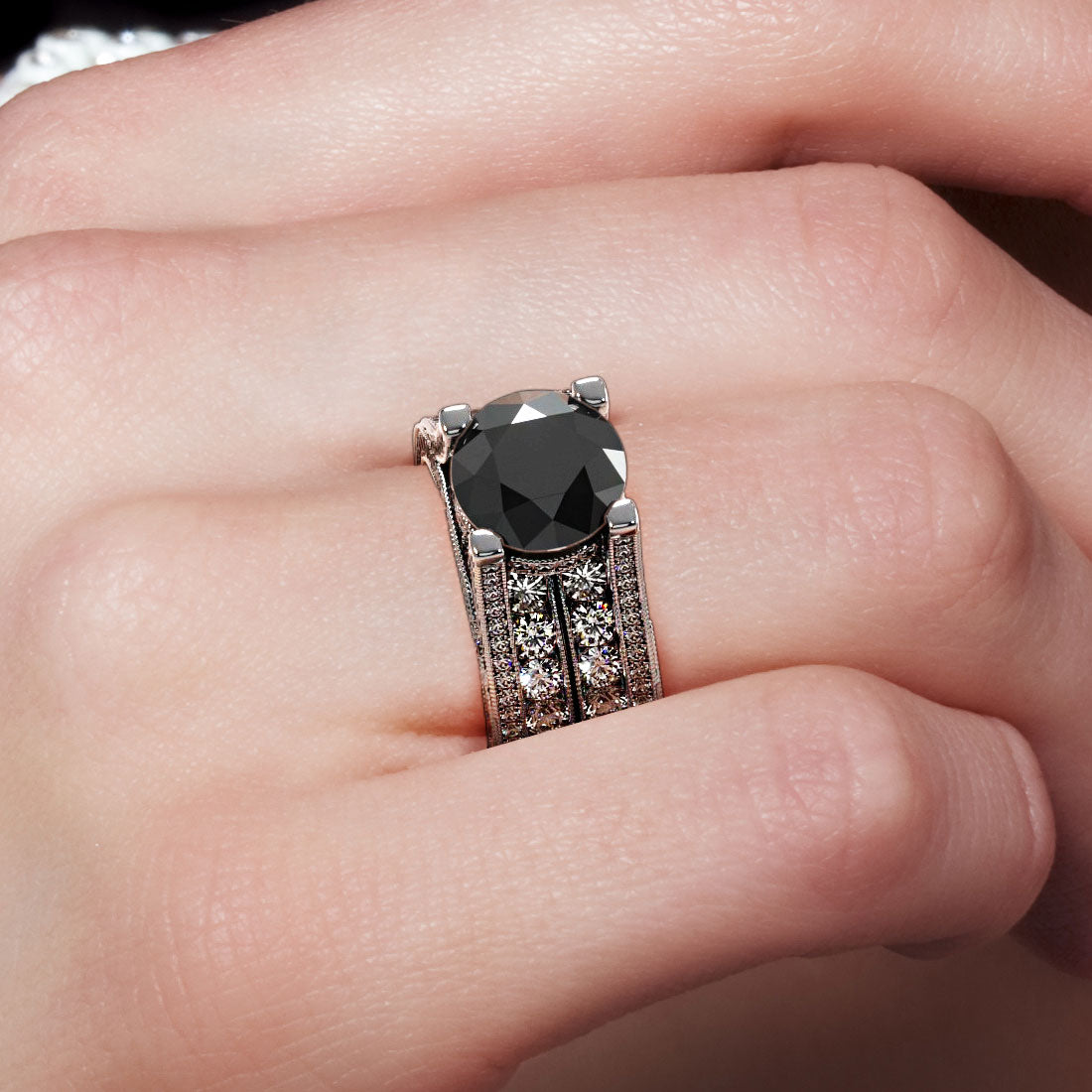 12.63 Carat Certified Natural Black Diamond Engagement Ring 14k Black Gold