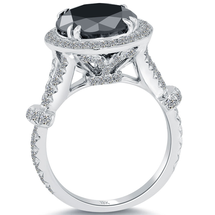 5.06ctw Certified Black Diamond Engagement Ring Pave Halo 18k White Gold