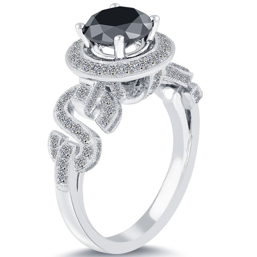 3.02ctw Certified Natural Black Diamond Engagement Ring 18k White Gold