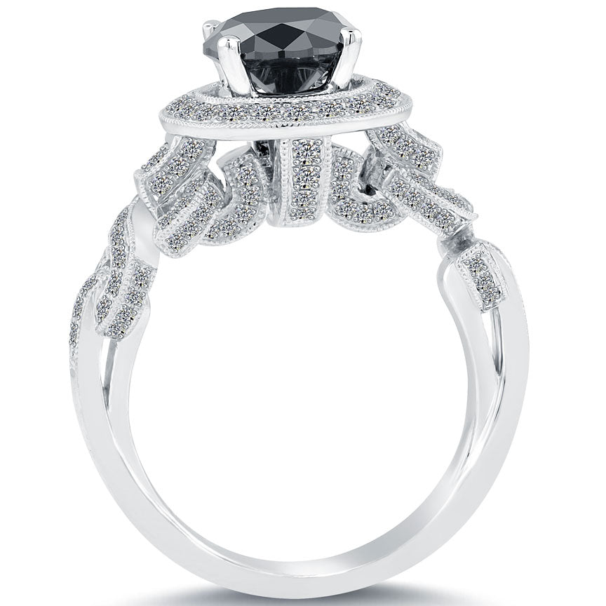 3.02ctw Certified Natural Black Diamond Engagement Ring 18k White Gold