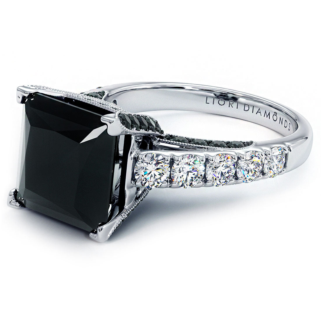 6.08 Carat Princess Cut Natural Black Diamond Engagement Ring 14k White Gold
