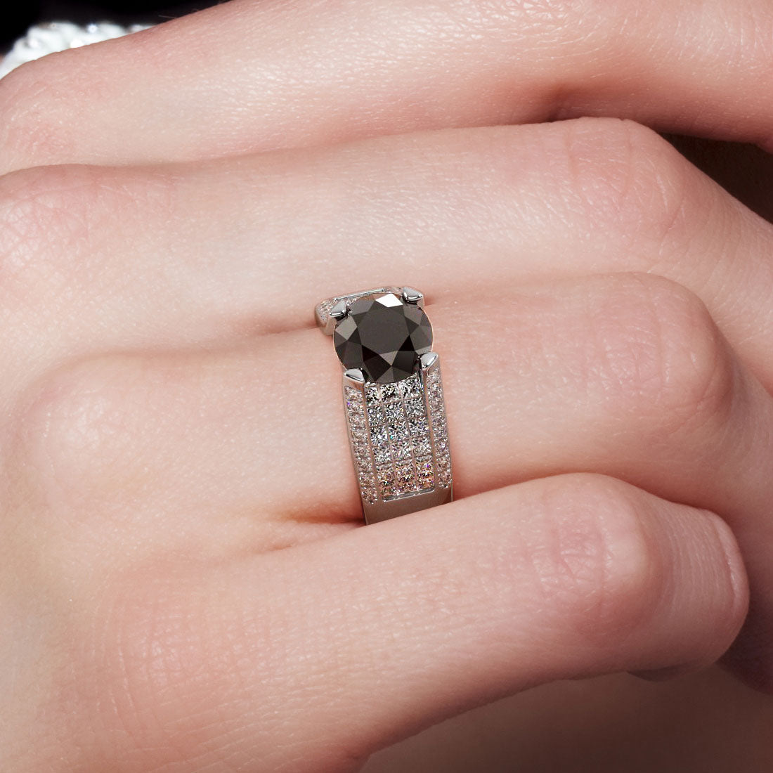 4.04ctw Certified Natural Black Diamond Engagement Ring 14k White Gold