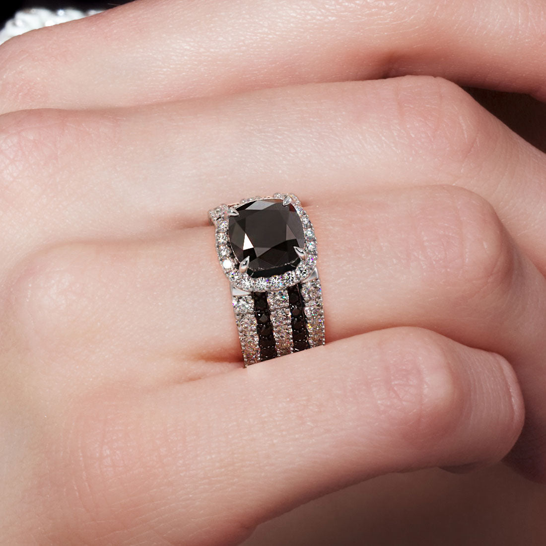 6.59ctw Cushion Cut Black Diamond Engagement Ring 18k White Gold Pave Halo