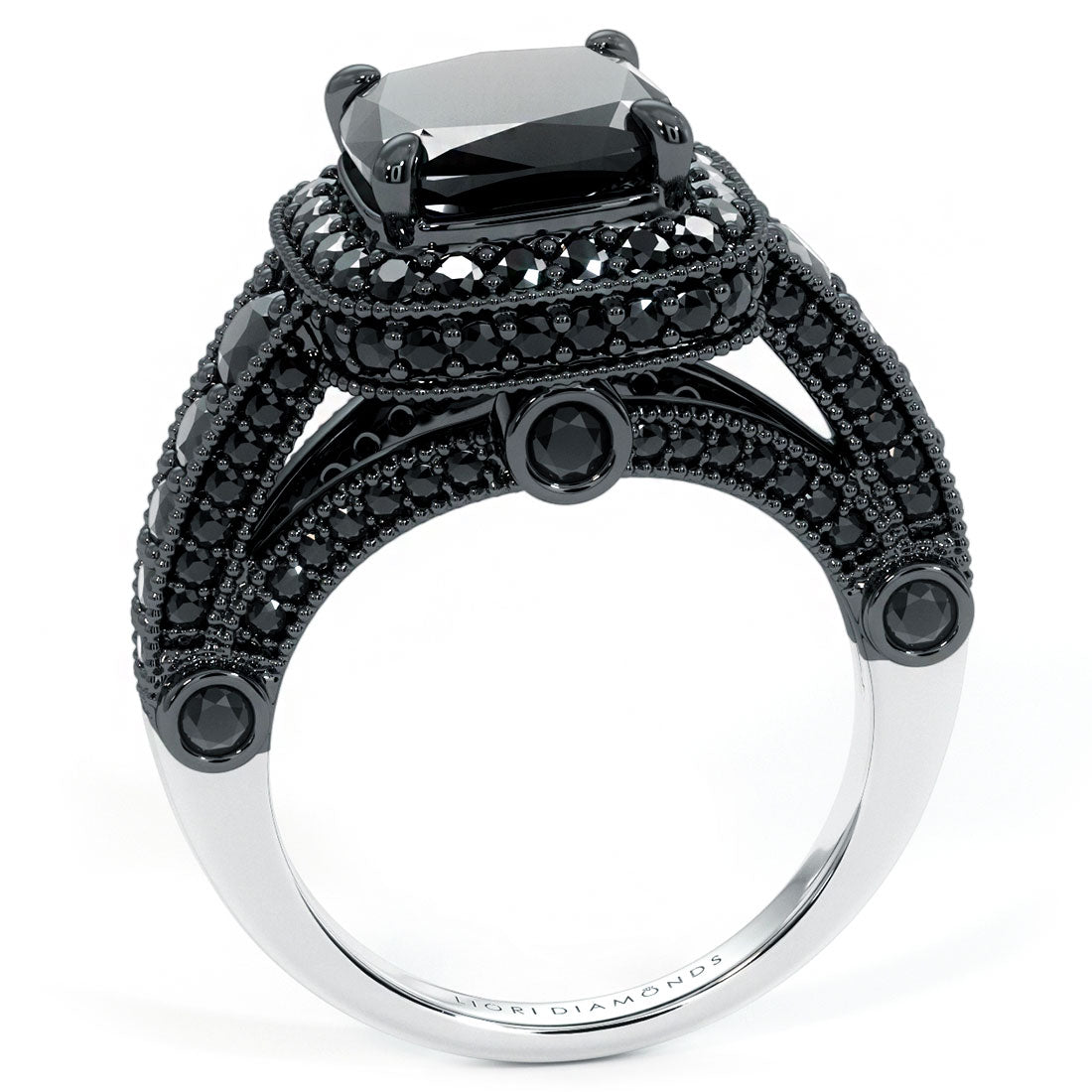 6.35ctw Cushion Cut Black Diamond Ring 14k Black Gold Pave Halo Vintage Style