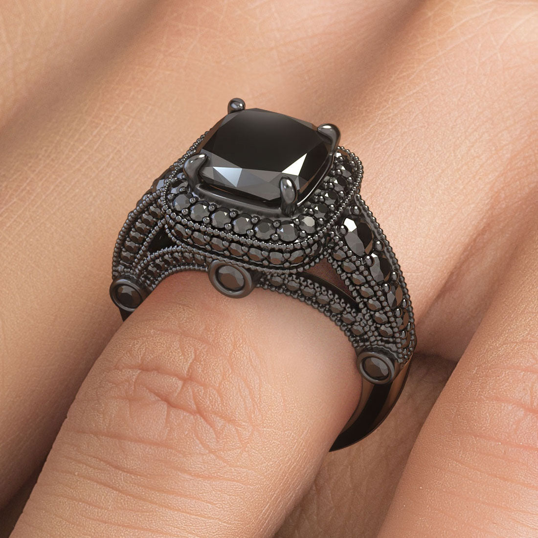 6.35ctw Cushion Cut Black Diamond Ring 14k Black Gold Pave Halo Vintage Style