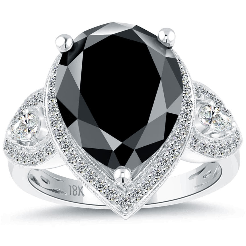 6.03ctw Pear Shape Black Diamond Engagement Ring 18k White Gold