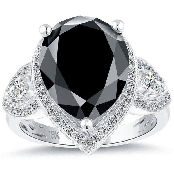 6.03ctw Pear Shape Black Diamond Engagement Ring 18k White Gold