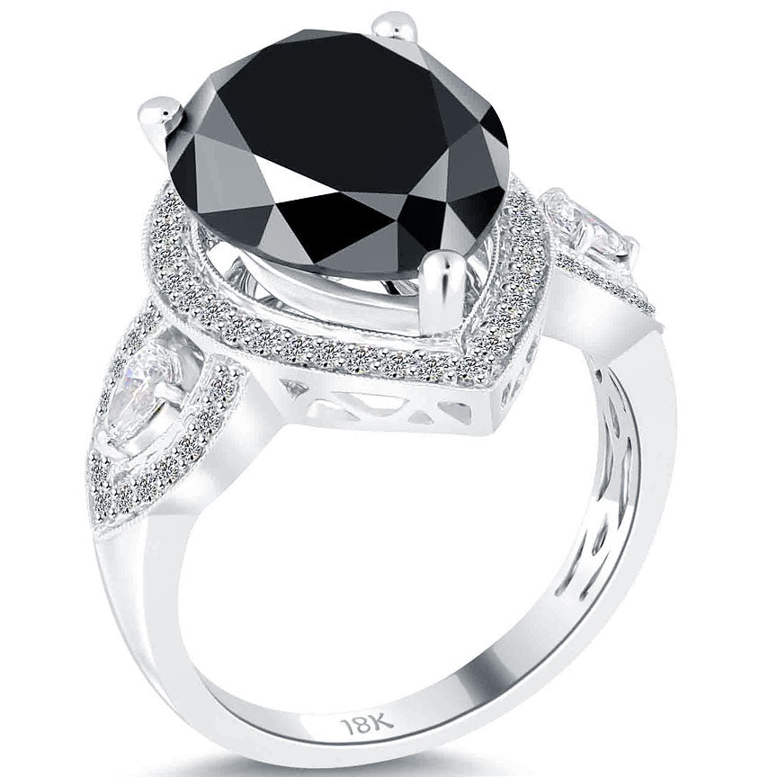 6.03ctw Pear Shape Black Diamond Engagement Ring 18k White Gold