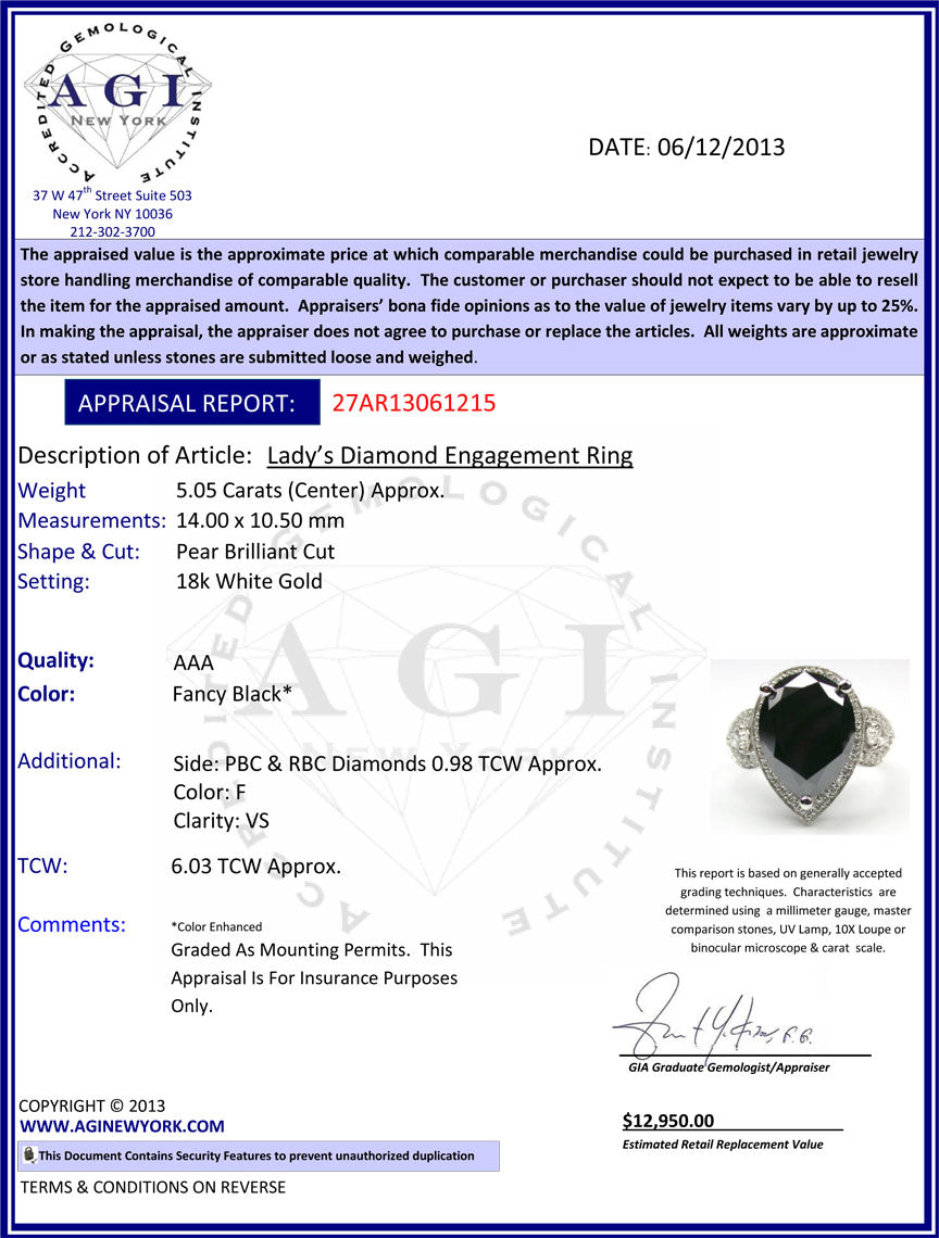 6.03ctw Pear Shape Black Diamond Engagement Ring 18k White Gold