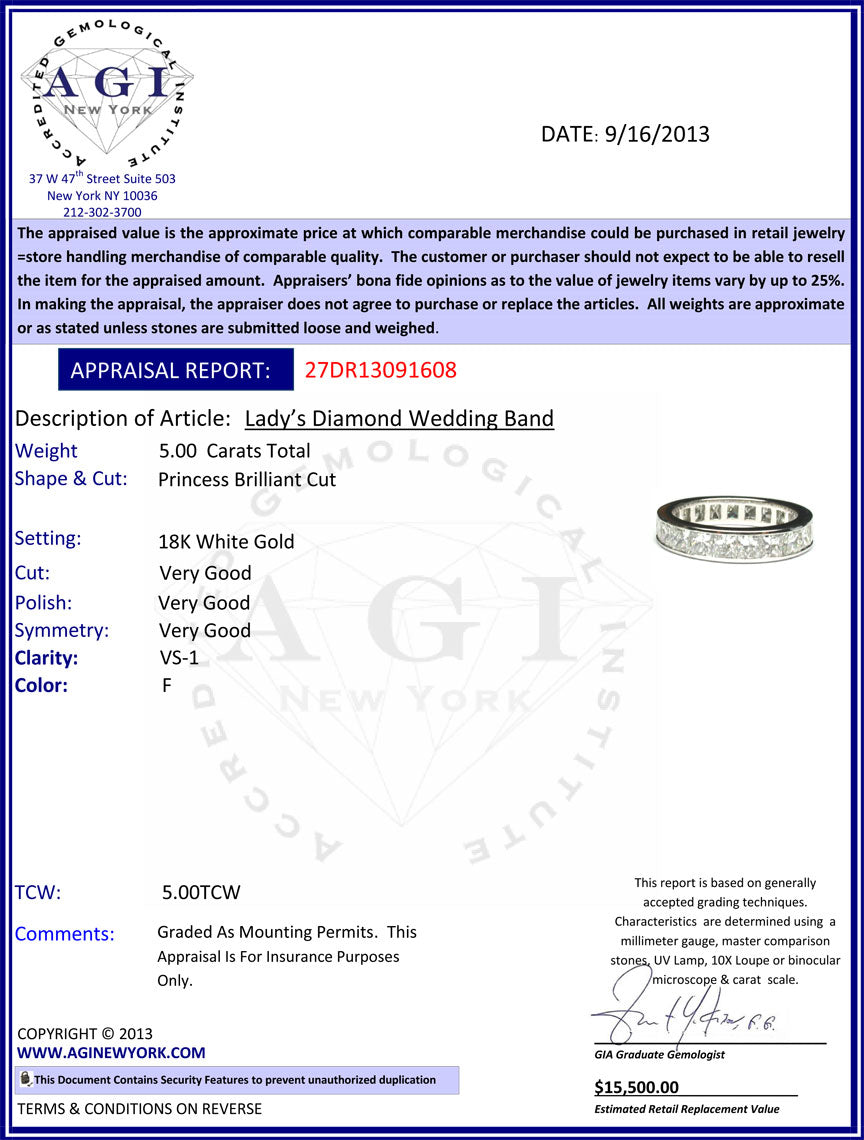 5.00ctw F-VS1 Princess Cut Diamond Eternity Wedding Band Ring 18k White Gold