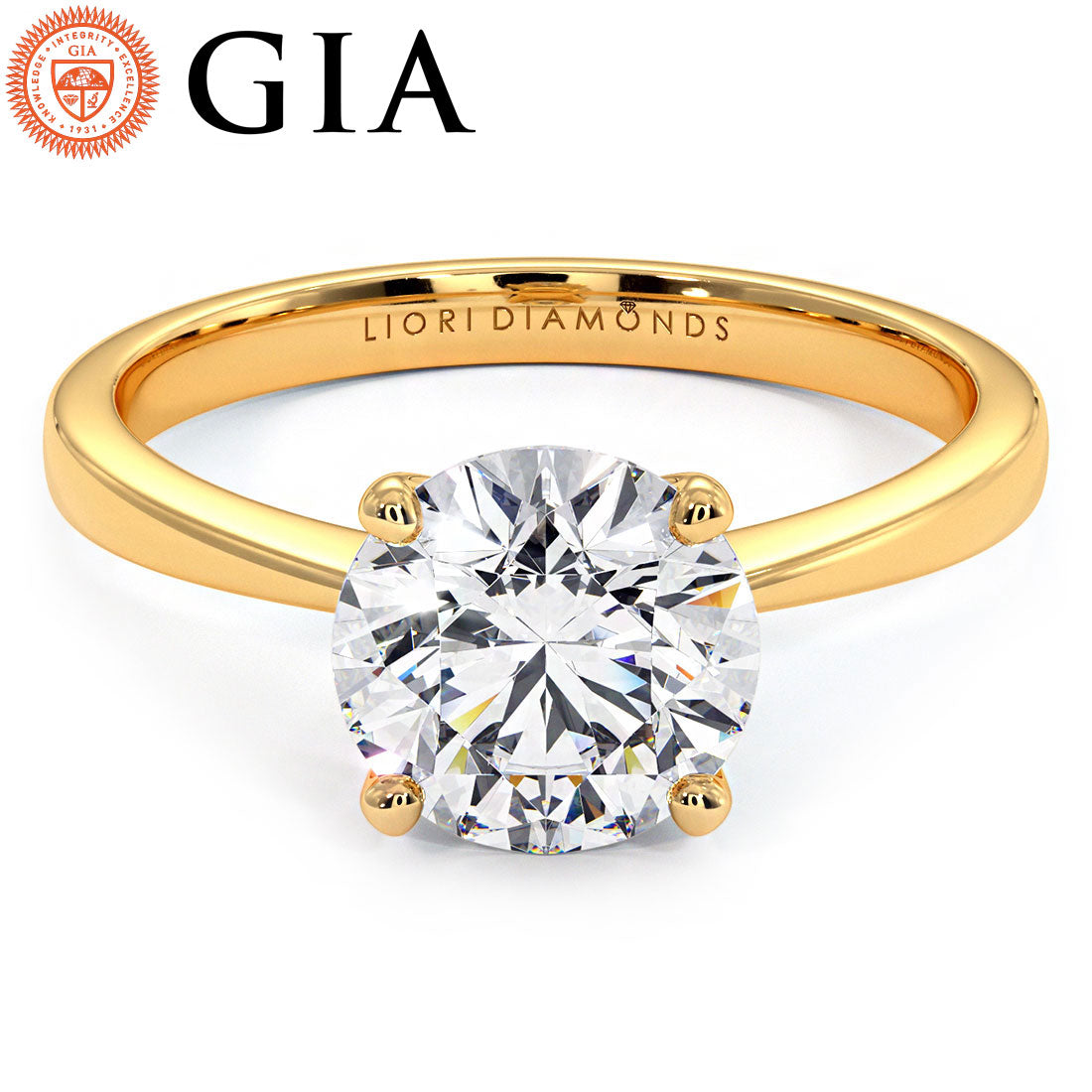 1.51ct GIA Certified D-VS1 Round Brilliant Petite Tapered 4 Prong Solitaire Lab Grown Diamond Engagement Ring set in 14k Yellow Gold