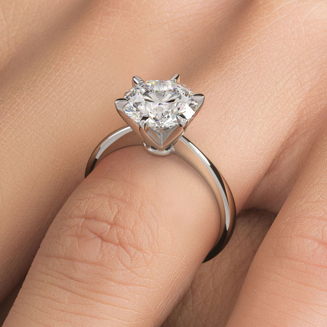 3.00ct GIA Certified F-VS2 Round Brilliant Petite Tapered 6 Prong Solitaire Lab Grown Diamond Engagement Ring set in 14k White Gold
