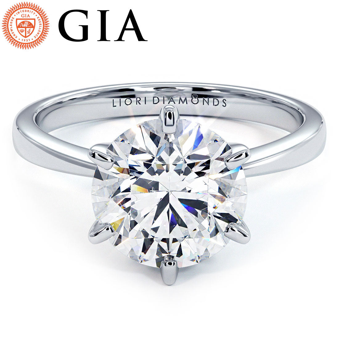 3.00ct GIA Certified F-VS2 Round Brilliant Petite Tapered 6 Prong Solitaire Lab Grown Diamond Engagement Ring set in 14k White Gold